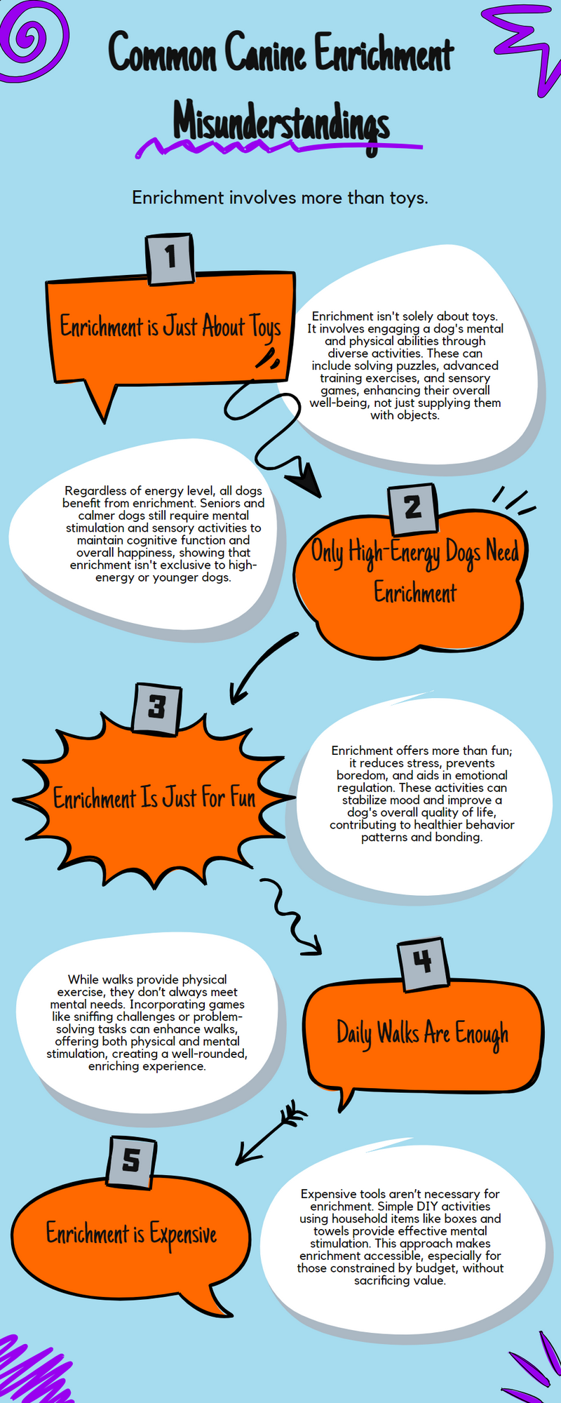 Infographic titled 'Common Canine Enrichment Misunderstandings' featuring colorful speech bubbles addressing myths about dog enrichment, including topics like the benefits for all ages, the role of toys, and the effectiveness of simple activities.